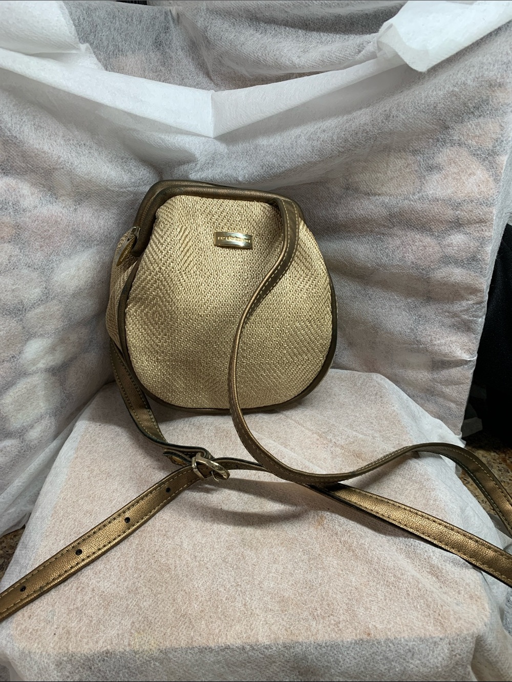 Vintage Liz Claiborne Metallic Gold  Woven Straw Mini  Crossbody Bag Zip Top Y2K